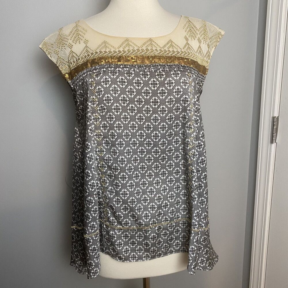 Floreat Anthropologie Gold Sequin Yoke Asymmetrical Tunic Blouse - Size S